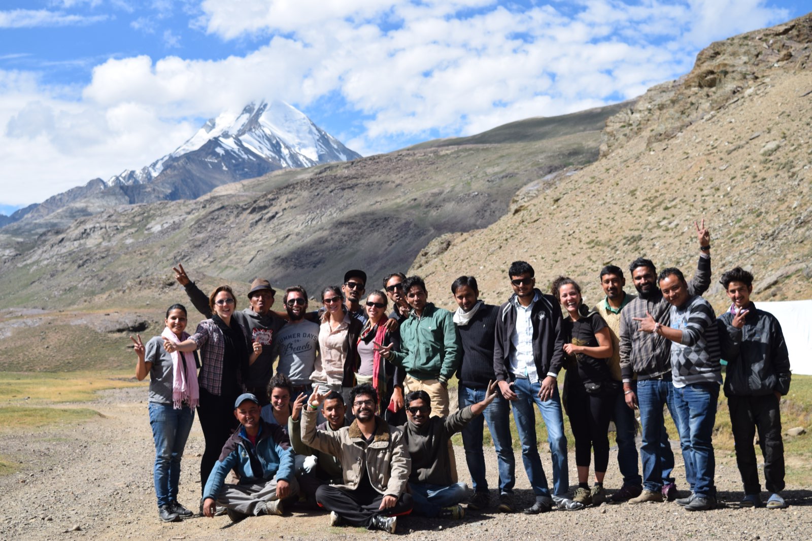 A Bout India group beneath a snow-capped Himalayan peak